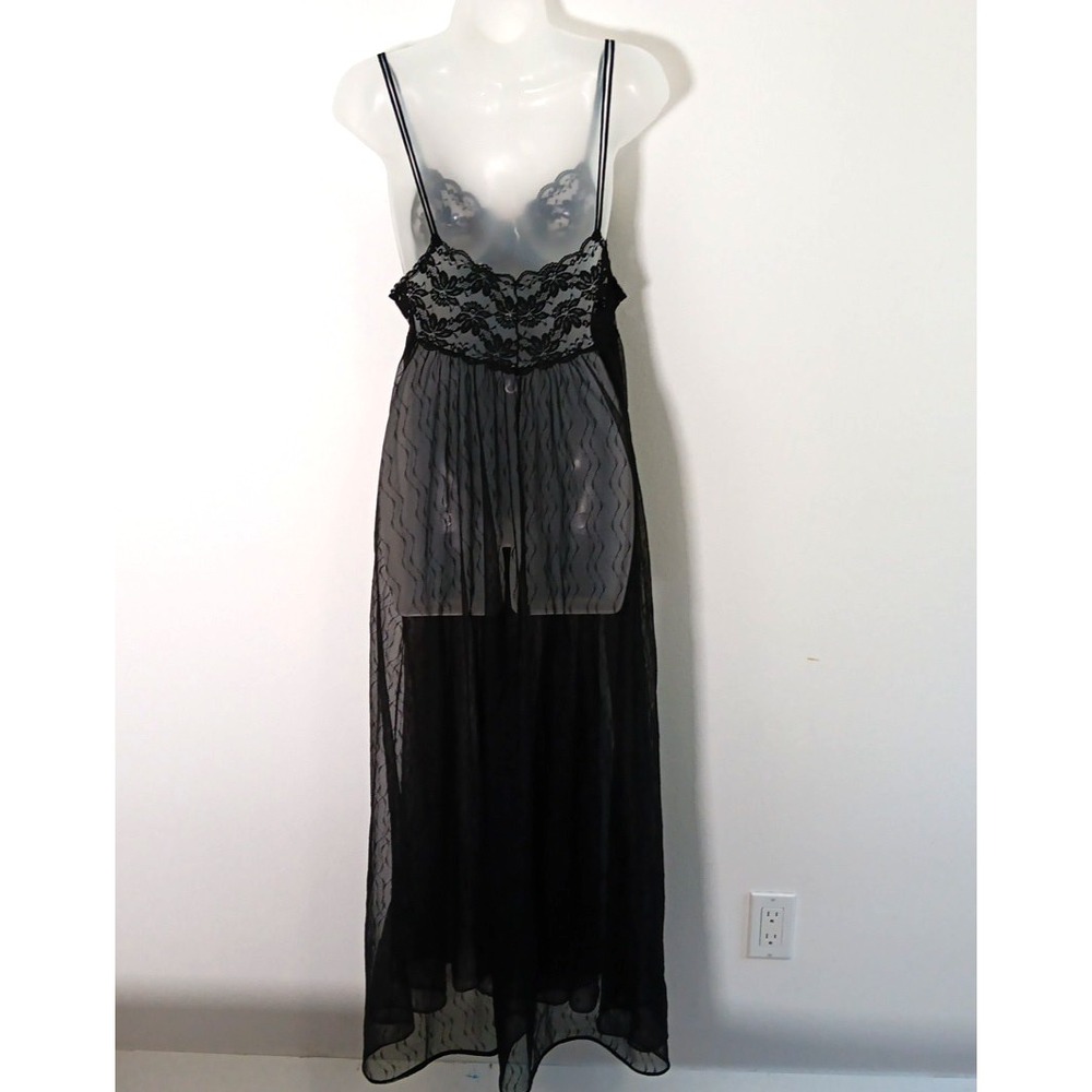 VINTAGE GOWN Negligee Medium BLACK‎ SHEER 100% NYLON LACE VAL MODE NICE SWEEP - Picture 3 of 12